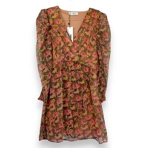 Axara Paris Dress Sheer Floral Neutral Lined Pink Yellow Flowers Midi Size S NWT